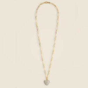 J.Crew Pavé Heart Charm Puffy Pendant Necklace Gold Statement Long Chain w/Pouch